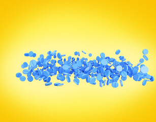 Blue Rounded Medical Pills Spread Out In The Air On Bright Yellow Background 3d Illustration