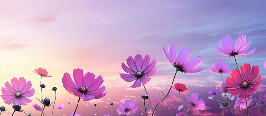 A colorful cosmos flower field stands out against a pink and purple sky background leaving a copy space image