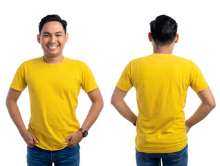 Handsome young Asian man in yellow t-shirt with space for your design isolated on white background