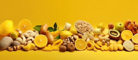 A collage of yellow toned images showcasing natural foods is displayed in the copy space image