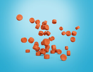 Orange Plastic Pellets Or PVC Polymer Beads Falling On Soft Blue Background 3d Illustration