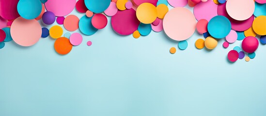 A colorful abstract backdrop with scattered paper circles creates a festive composition for celebration This beautiful decor for the party offers a view from above emphasizing the flat lay of the cop - obrazy, fototapety, plakaty