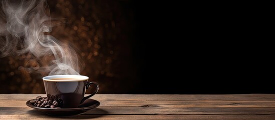 A copy space image showcasing a steaming cup of black coffee on a rustic wooden background with a white cup and saucer