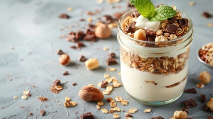 Healthy food of yogurt and granola in glass jar on wooden table. Generated AI image
