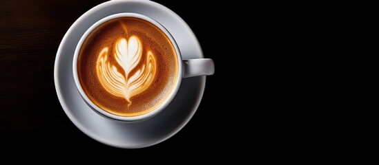 A coffee cup displays latte art against a white background offering ample space for text or other elements with a top down perspective - obrazy, fototapety, plakaty