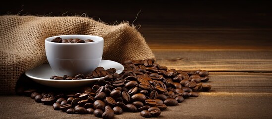 A copy space image showcasing instant coffee and coffee beans placed against a rustic background of...
