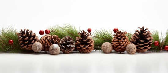 A festive Christmas decoration featuring pine twigs cones and balls is presented in a copy space image against a white background