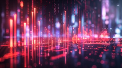 A computer generated image of a cityscape with bright red and blue lights. The image is abstract and has a futuristic feel to it