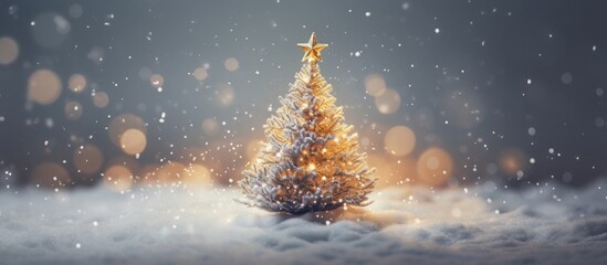A festive Christmas decoration featuring a gold wire tree is showcased against a background of artificial snow providing a stunning copy space image - Powered by Adobe