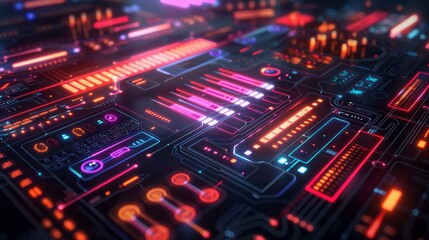 A colorful image of a computer chip with a neon glow. The image is abstract and futuristic, with a mood of excitement and wonder. The bright colors and intricate patterns suggest a sense of innovation