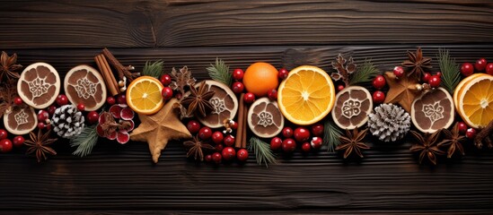 A copy space image of vintage wooden board decorated with traditional Christmas hard candies sliced dried oranges cinnamon and cranberries