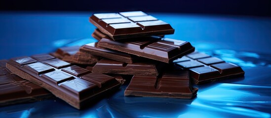 A copy space image featuring milk chocolate pieces or squares wrapped in foil on a blue background