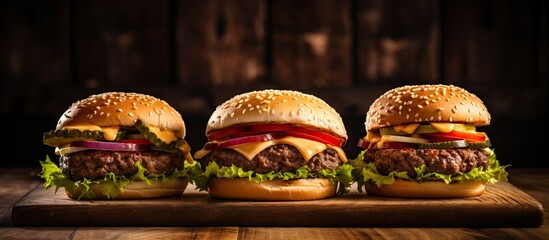 A copy space image of homemade hamburgers with a delicious combination of meat cheese lettuce and tomato beautifully displayed on a rustic wooden table