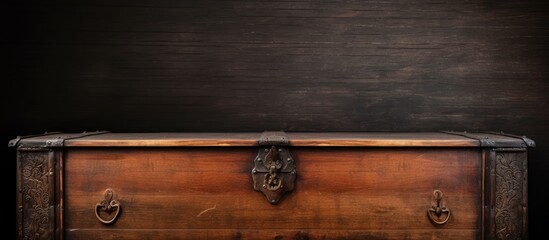A close up view of a vintage chest placed on a dark wooden table seen from the top with copy space for images