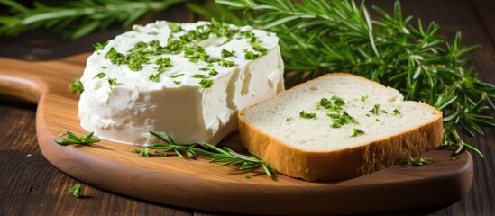 A copy space image of curd cheese is presented on a rustic wooden cutting board along with rye bread and a garnish of fresh herbs