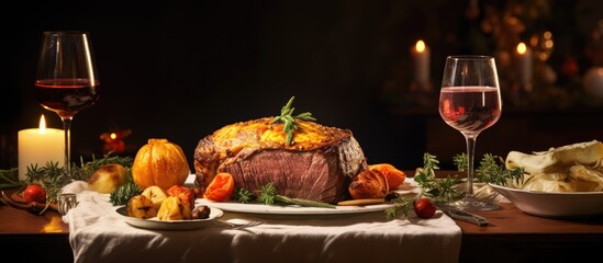A festive Christmas table with a stuffed beef roll featuring pears and cheese providing ample copy space