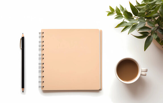 Peach spiral bound notebook on desk with tea bup and leaves background.