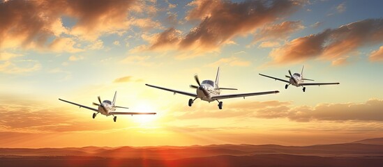 A copy space image featuring three airplanes gracefully soaring through the beautiful sunset sky during daylight