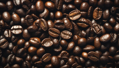 roasted arabica coffee beans top view, dark wooden background, copy space for tex
