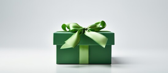 A copy space image of an open green gift box with a lid and ribbon is displayed on a white background