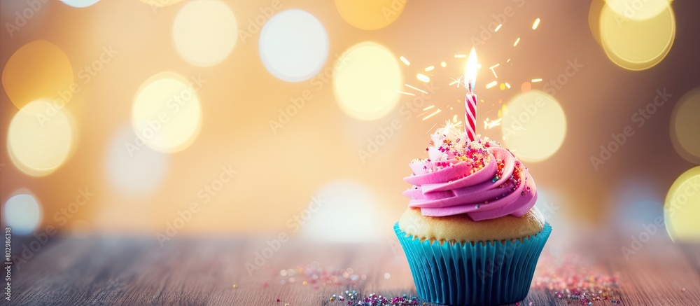 Leinwandbilder A birthday cupcake with a lit candle and colorful balloons serving as a blurred background providing space for text in the image. with copy space image. Place for adding text or design