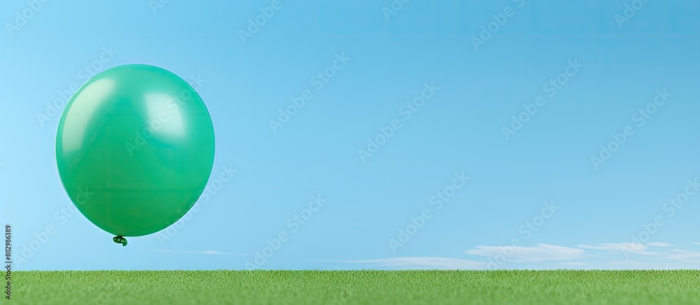 Poster a blue balloon stands alone on a vibrant green backdrop allowing for ample copy space in the image