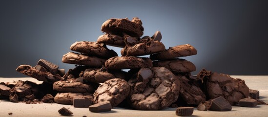A copyspace image of chocolate cookies made from pieces of chocolate sitting on a hill against a...