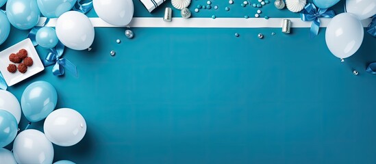 A blue background with a white framed birthday theme surrounded by party accessories Ample copy space is available