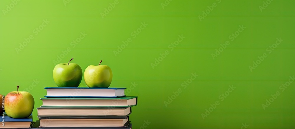 Poster A copy space image shows a vibrant stack of books complemented by a green apple all placed on a wooden table against a refreshing lime green backdrop This setup beautifully captures the essence of di