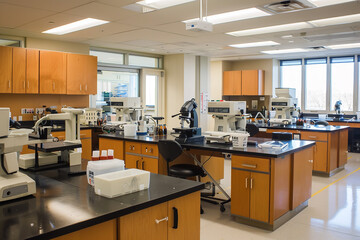 Biology students dissect specimens in a university lab - learning anatomy and physiology with the aid of microscopes and lab tools