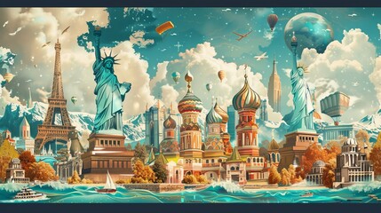 Obraz premium Futuristic Expeditions: Cyberpunk Landmarks Across Continents