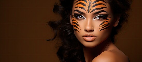 A beautiful model with tiger inspired makeup stares confidently at the camera against a neutral beige background allowing for creative use of the image. with copy space image