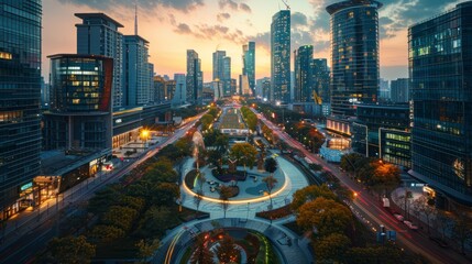 A cityscape with a large park in the middle. The park is surrounded by tall buildings and has a circular design. The sky is orange and the sun is setting, creating a warm and inviting atmosphere