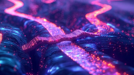 A virtual landscape featuring a river of glowing data streams, with a bridge made of advanced encryption algorithms.