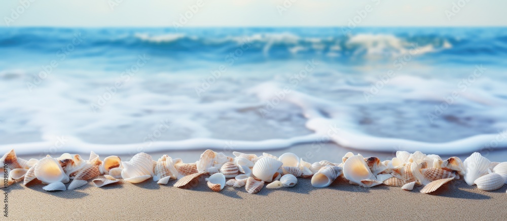 Poster A copy space image of shells scattered on a sandy beach with a captivating blue ocean wave in the background