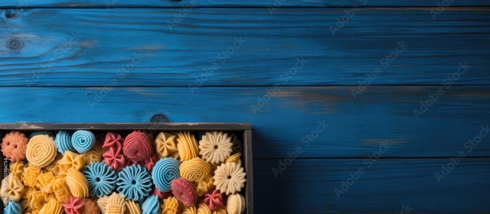 Fototapete a box on a blue old wooden background contains macaroni cookies of various colors creating a visuall