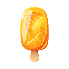 Ice cream with tangerine, fruit popsicle on a wooden stick with pieces of tangerines. Summer cold dessert, frozen juice, fruit ice. Vector illustration.
