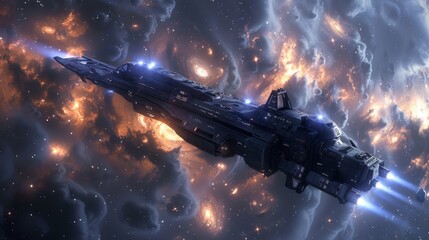 A spaceship is flying through a cloud of fire. The fire is orange and yellow, and it is surrounded by a blue sky. The spaceship is the main focus of the image