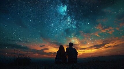 A couple is sitting on a hillside and looking up at the stars. The sky is filled with stars and the couple is enjoying the peaceful moment together