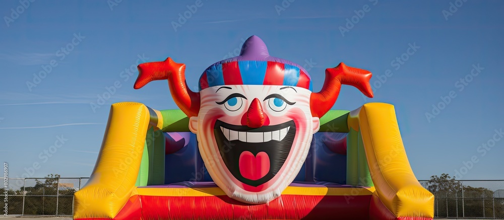 Poster a colorful inflatable bouncy jumper featuring a lively clown design perfect for fun filled playtime 