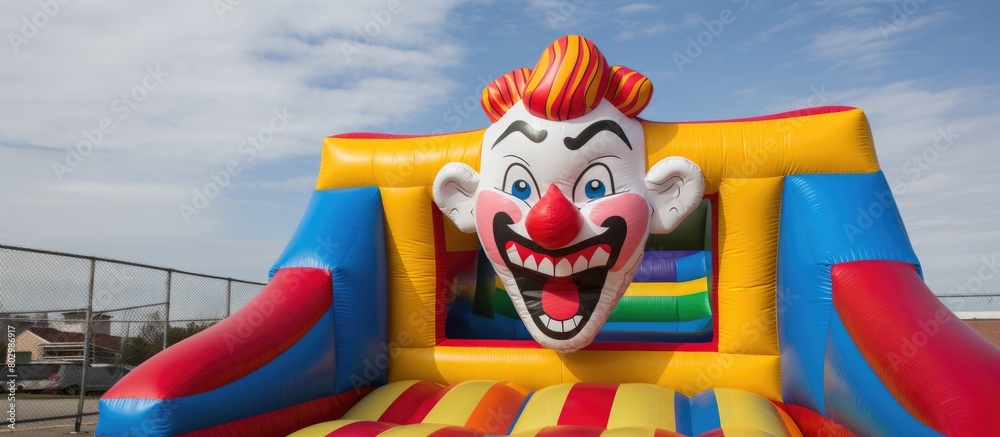 Poster a colorful inflatable bouncy jumper featuring a lively clown design perfect for fun filled playtime 
