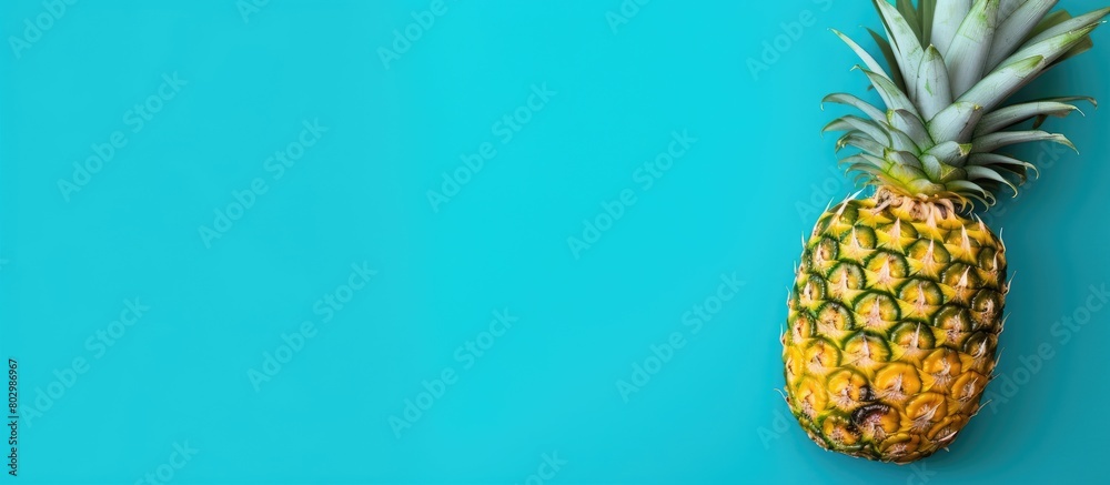 Poster a copy space image featuring a sliced pineapple viewed from above resting on a vibrant turquoise bac