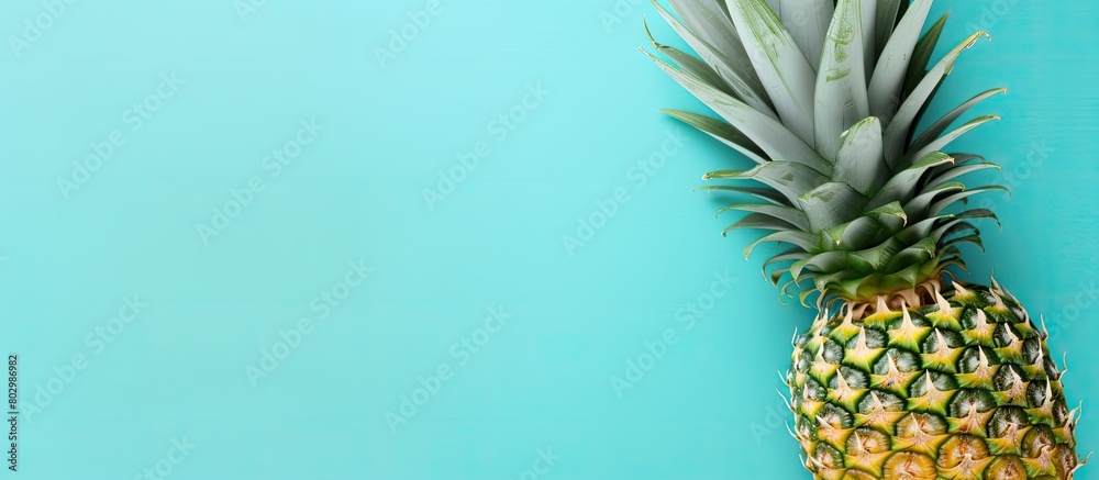 Poster a copy space image featuring a sliced pineapple viewed from above resting on a vibrant turquoise bac