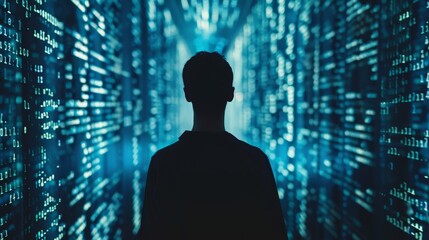 A man is standing in front of a wall of computer code. The man is looking at the wall, and the wall is filled with a lot of numbers and symbols. Concept of mystery and complexity
