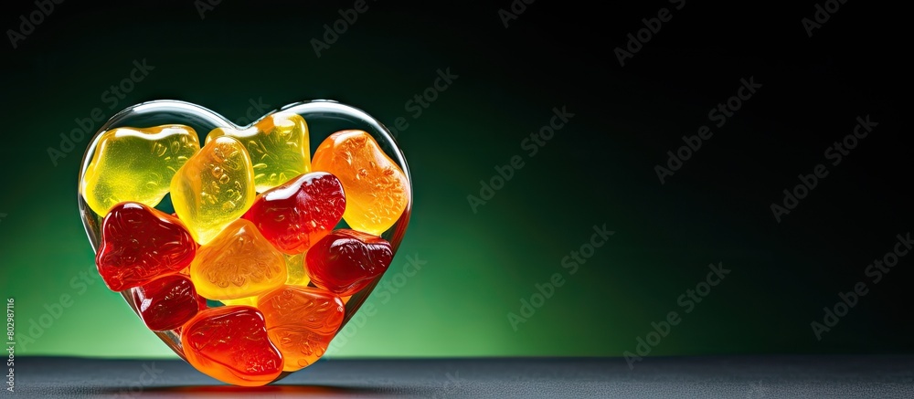 Poster A colorful marmalade with a heart shaped form in shades of red yellow and green is displayed in the copy space image