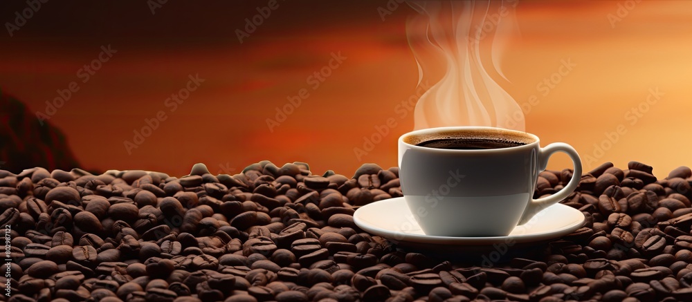 Poster a copy space image of a white cup filled with black coffee complemented by a backdrop of roast coffe