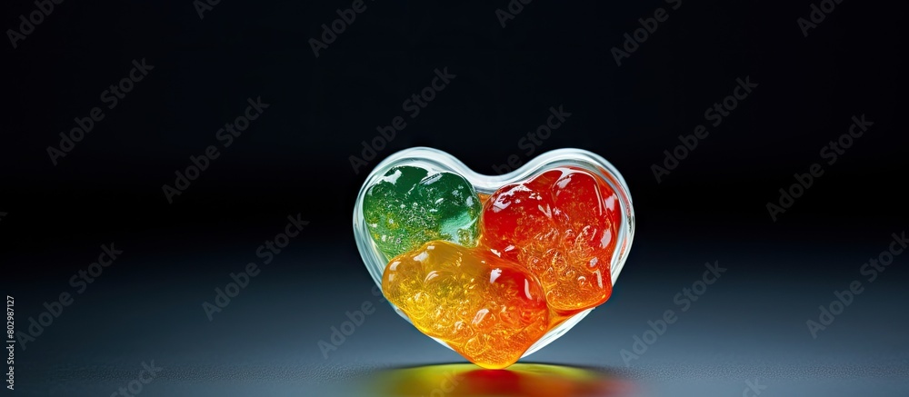 Poster a colorful marmalade with a heart shaped form in shades of red yellow and green is displayed in the 