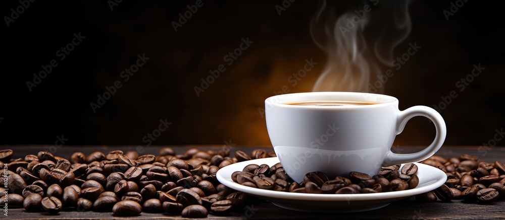 Poster a copy space image of a white cup filled with black coffee complemented by a backdrop of roast coffe