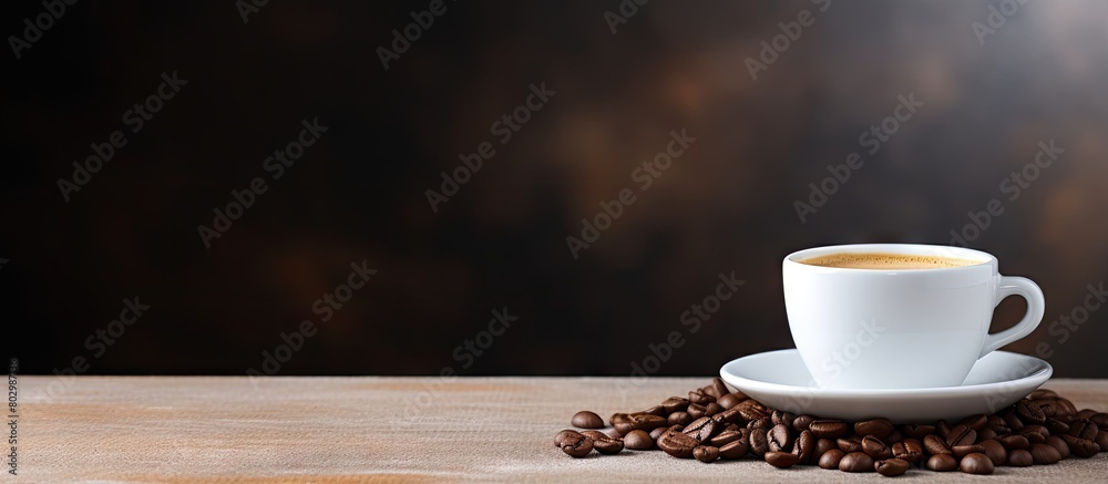 Poster a copy space image of a white cup filled with black coffee complemented by a backdrop of roast coffe