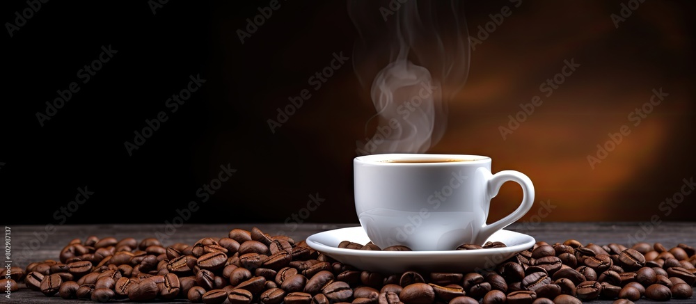 Poster a copy space image of a white cup filled with black coffee complemented by a backdrop of roast coffe